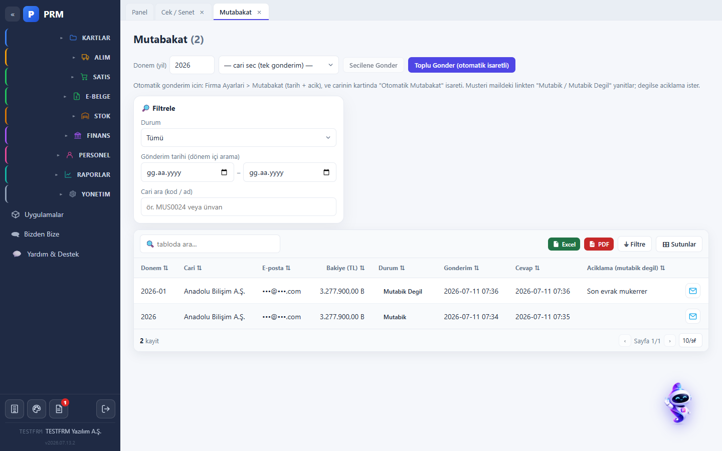 Cari mutabakat: otomatik ekstre e-postası, mutabık/mutabık değil yanıtı